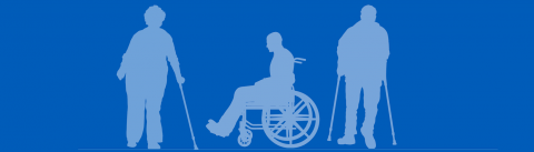 Silhouettes of three people. One using a single walking stick, one in a wheelchair, and one with two walking sticks. They are light blue and sit against a dark blue background.